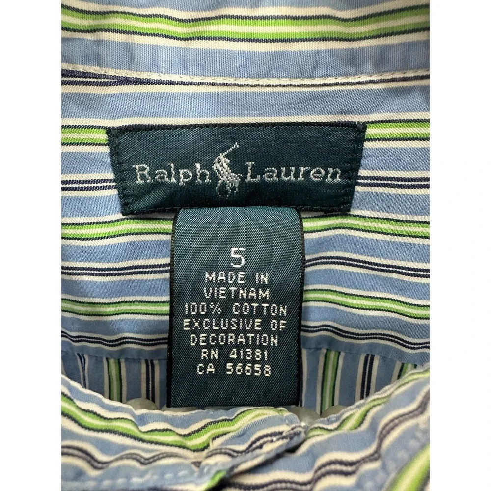 Ralph‎ Lauren Boys 5 Blue Green Striped Button Down Dress Shirt Logo Cotton